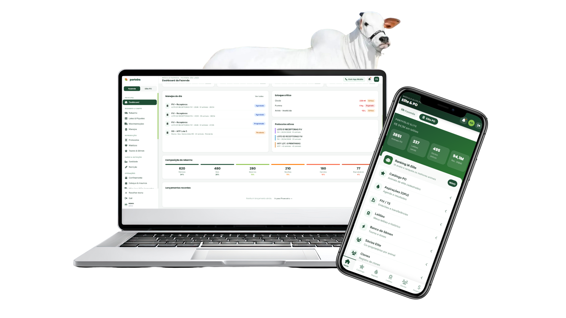 Porteira em notebook e app mobile com zebu elite